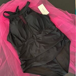 BloomChic  Black one piece bathing suit with Elegant Halter style neckline